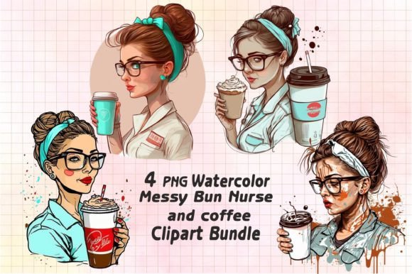 Messy Bun Nurse Sipping Coffee PNG